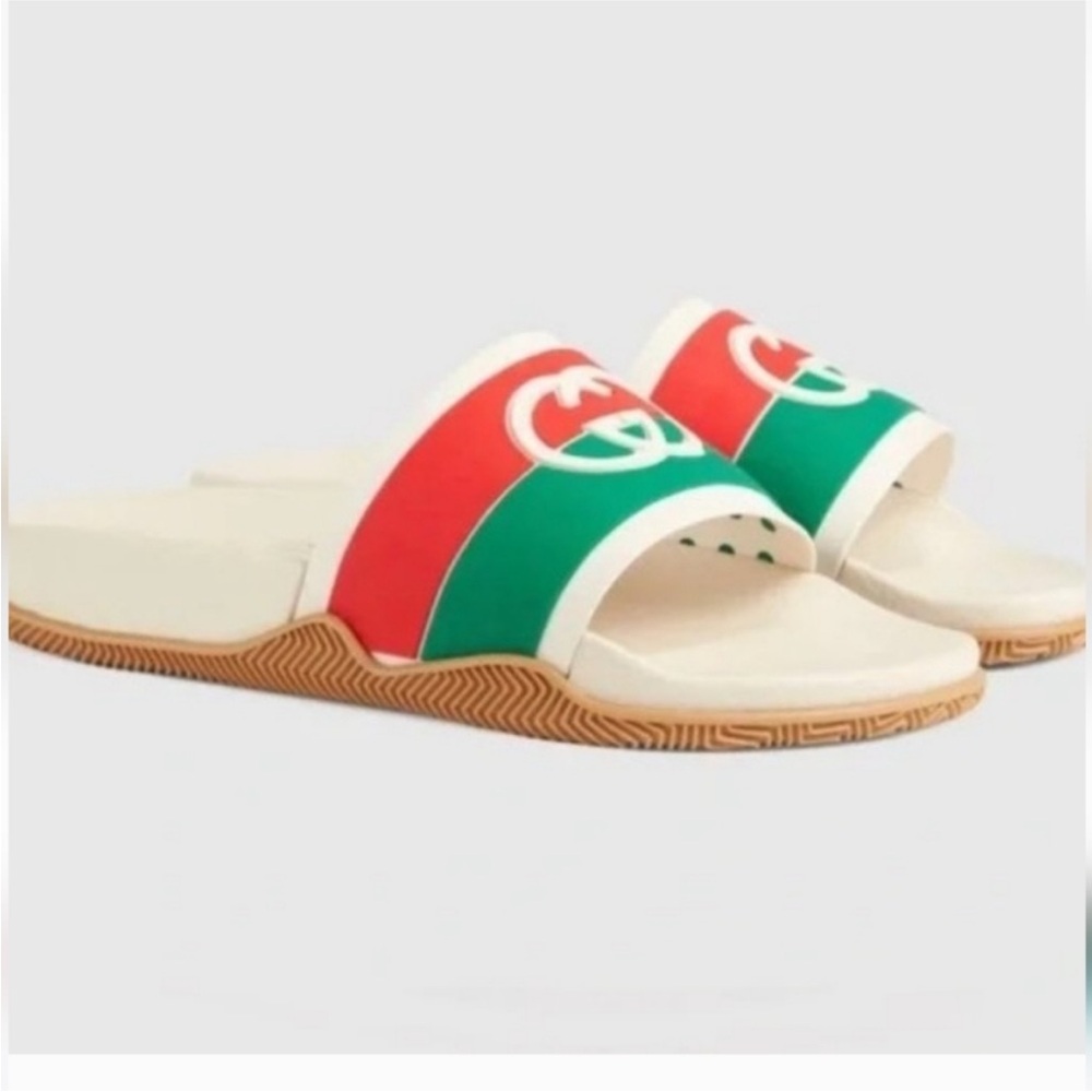 NWT Gucci Rubber Slide Sandals – GG Interlock w/ Green & Red Web, 38